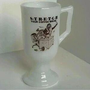 Funny NSFW vintage milk glass pedestal mug  “stretch your coffee break”